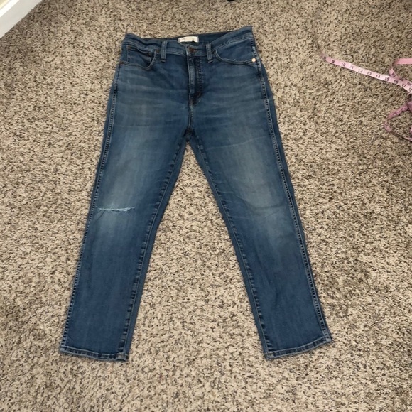 Madewell High Rise Stovetop Straight Leg Jeans Size 29 Distressed Dark Blue - Picture 2 of 11